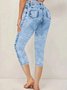 Lässig Grafik mit Denim-Imitat-Print Caprihosen Elastische Taille Hose