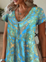 Damen Geblümt Sommer Print Kleid V-Ausschnitt Kurzarm T-Shirt-Kleid H-Linie Kleid
