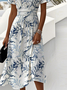Damen Blätter Sommer Kleid V-Ausschnitt Kurzarm Strandkleid A-Linien-Kleid