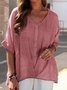 V-Ausschnitt Halbarm Unifarben Pullover Leicht Weit Bluse für Damen