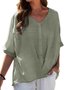 V-Ausschnitt Halbarm Unifarben Pullover Leicht Weit Bluse für Damen