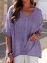 V-Ausschnitt Halbarm Unifarben Pullover Leicht Weit Bluse für Damen