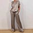 Damen Unifarben Rundhals Halbarm Bequem Lässig Bluse mit Hose Zweiteiliges Set