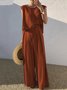 Damen Unifarben Rundhals Ärmellos Bequem Lässig Bluse mit Hose Zweiteiliges Set