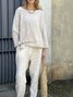Damen Unifarben Rundhals Langarm Bequem Lässig Bluse mit Hose Zweiteiliges Set