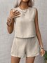 Damen Unifarben Rundhals Ärmellos Bequem Lässig Bluse mit Hose Zweiteiliges Set