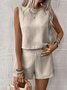 Damen Unifarben Rundhals Ärmellos Bequem Lässig Bluse mit Hose Zweiteiliges Set