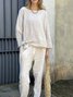 Damen Unifarben Rundhals Langarm Bequem Lässig Bluse mit Hose Zweiteiliges Set