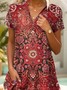 Damen Geblümt Sommer Print Kleid Schalkragen Kurzarm A-Linien-Kleid
