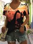 Lässig Geblümt V-Ausschnitt Kurzarm T-Shirt