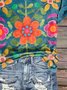 Lässig Geblümt V-Ausschnitt Kurzarm T-Shirt
