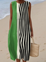Damen Gestreift Sommer Kleid Rundhals Ärmellos A-Linien-Kleid