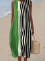Damen Gestreift Sommer Kleid Rundhals Ärmellos A-Linien-Kleid