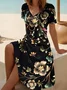Damen Geblümt Sommer Kleid V-Ausschnitt Kurzarm Passen & Flare Kleid A-Linien-Kleid