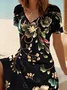 Damen Geblümt Sommer Kleid V-Ausschnitt Kurzarm Passen & Flare Kleid A-Linien-Kleid