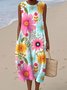 Damen Geblümt Sommer Kleid Rundhals Ärmellos A-Linien-Kleid