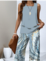 Damen Geometrisch Zweiteiliges Set Täglich Ärmellos Lässig Sommer Bluse mit Hose Matching Set