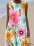 Damen Geblümt Sommer Kleid Rundhals Ärmellos A-Linien-Kleid