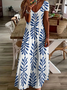 Damen Geblümt Sommer Print Kleid V-Ausschnitt Kurzarm X-Linie Kleid