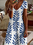 Damen Geblümt Sommer Print Kleid V-Ausschnitt Kurzarm X-Linie Kleid