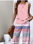 Damen Gestreift Zweiteiliges Set Täglich Ärmellos Lässig Sommer Bluse mit Hose Matching Set