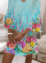 Damen Geblümt Sommer Print Kleid V-Ausschnitt Halbarm H-Linie Kleid