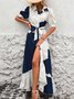 Damen Geometrisch Puffärmel Sommer Print Kleid V-Ausschnitt Kurzarm Blusenkleid A-Linien-Kleid