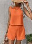 Damen Unifarben Rundhals Ärmellos Bequem Lässig Bluse mit Hose Zweiteiliges Set