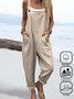 Damen Unifarben Karree-Ausschnitt Gallus Lässig Sommer Leinen Jumpsuit