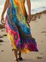 Damen Multifarben Block Sommer Kleid V-Ausschnitt Ärmellos A-Linien-Kleid