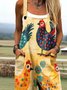 Damen Tier Karree-Ausschnitt Gallus Lässig Sommer Baumwolle Leinen Jumpsuit