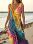 Damen Multifarben Block Sommer Kleid V-Ausschnitt Ärmellos A-Linien-Kleid