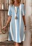Damen Gestreift Sommer Kleid Rundhals Kurzarm A-Linien-Kleid