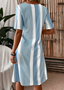 Damen Gestreift Sommer Kleid Rundhals Kurzarm A-Linien-Kleid