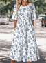 Damen Geblümt Sommer Kleid Rundhals Halbarm A-Linien-Kleid