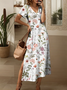Damen Geblümt Sommer Kleid Rundhals Kurzarm T-Shirt-Kleid A-Linien-Kleid
