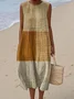 Damen Farbblock Sommer Kleid Rundhals Ärmellos A-Linien-Kleid