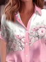 Hemdkragen Kurzarm Geblümt Print Regelmäßig Mikroelastizität Weit Knopfhemd Bluse für Damen