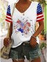Lässig Amerika-Flagge V-Ausschnitt Kurzarm T-Shirt
