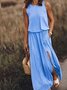 Damen Unifarben Sommer Nahtverarbeitung Kleid Rundhals Ärmellos Tanktop A-Linien-Kleid