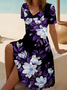 Damen Geblümt Sommer Print Kleid V-Ausschnitt Kurzarm Passen & Flare Kleid A-Linien-Kleid