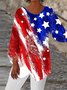 V-Ausschnitt Langarm Amerika-Flagge Regelmäßig Weit Bluse für Damen