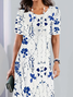 Damen Geblümt Sommer Print Kleid Rundhals Kurzarm Tunika H-Linie Kleid