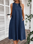 Damen Unifarben Sommer Kleid Rundhals Ärmellos A-Linien-Kleid