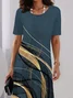 Damen Abstrakt Sommer Print Kleid Rundhals Kurzarm Tunika H-Linie Kleid