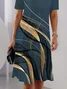 Damen Abstrakt Sommer Print Kleid Rundhals Kurzarm Tunika H-Linie Kleid