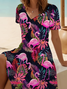 Damen Flamingo Sommer Print Kleid V-Ausschnitt Kurzarm Passen & Flare Kleid A-Linien-Kleid