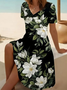 Damen Geblümt Sommer Print Kleid V-Ausschnitt Kurzarm Passen & Flare Kleid A-Linien-Kleid