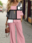 Damen Abstrakt Grafik Rundhals Langarm Bequem Lässig Tasche Patchwork Bluse mit Hose Zweiteiliges Set