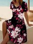 Damen Geblümt Sommer Print Kleid V-Ausschnitt Kurzarm Passen & Flare Kleid A-Linien-Kleid
